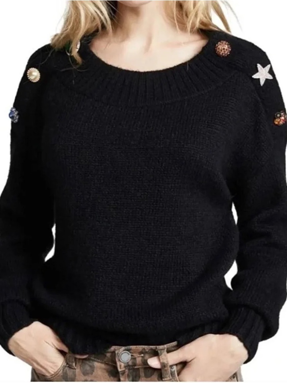 Veronica Beard Black Crewneck Sweater with Embellished Shoulders